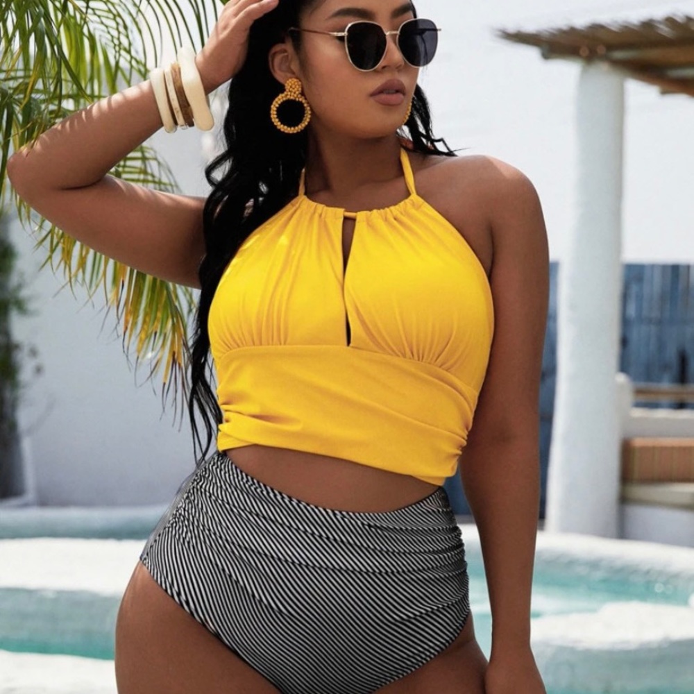 Plus Sized Striped Ruched Halter Bikini Swimsuit.